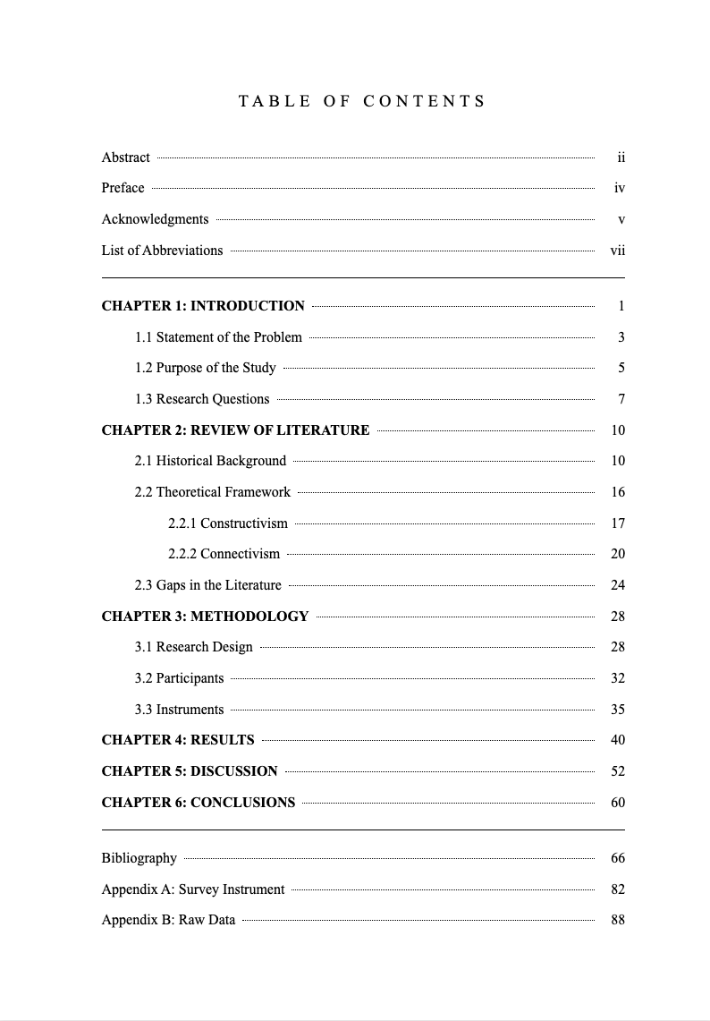 Dissertation manuscript table of contents